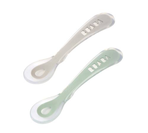BEABA Spoon 2nd Age Silicone Spoon Set x2- VelvetGrey/Sage green