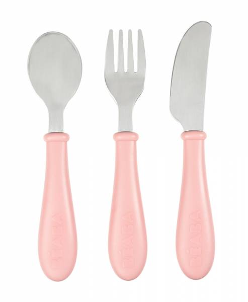 BEABA Cutlery Stainless Steel Set x3 - Old Pink